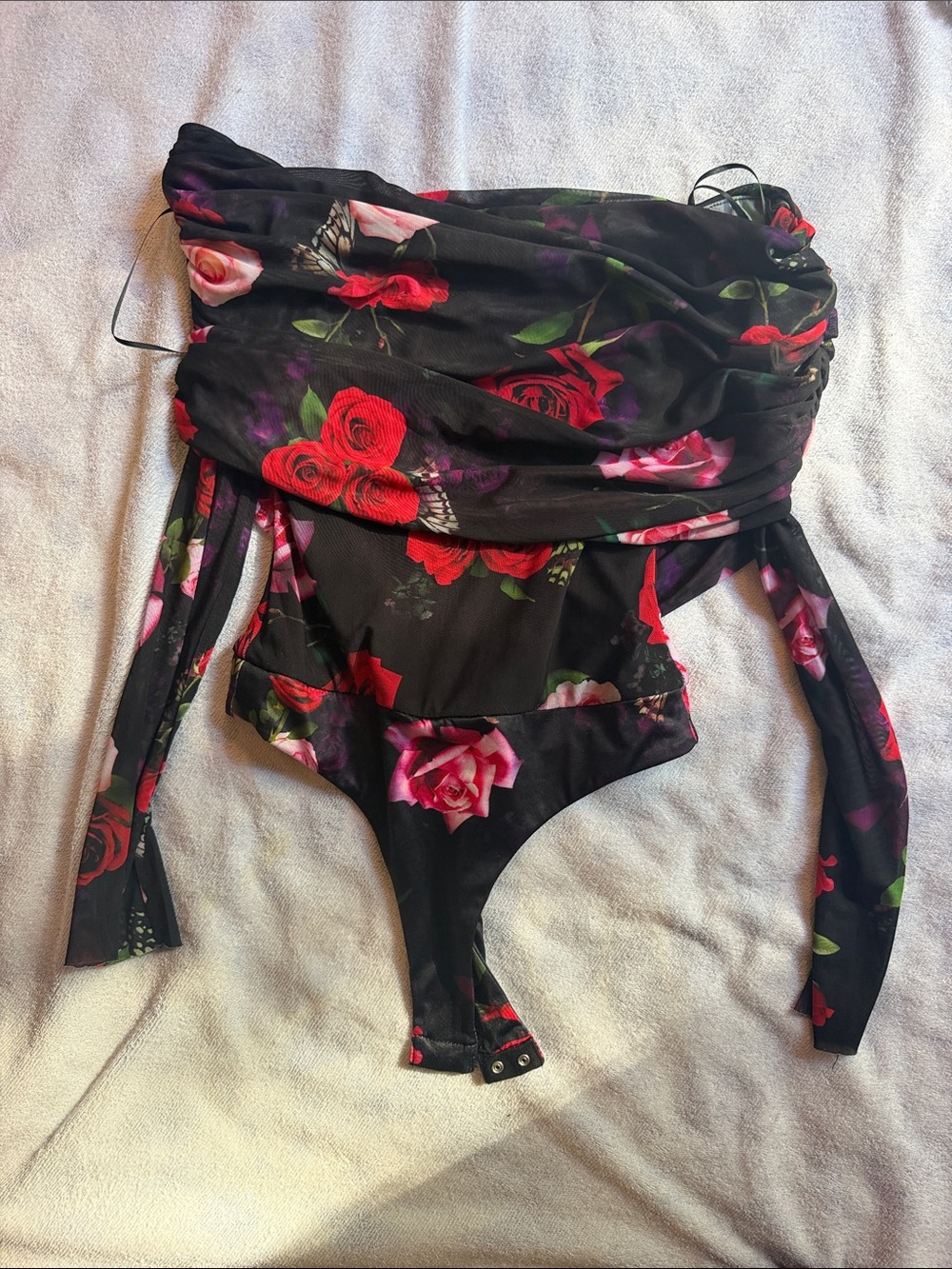 Off Shoulder Black Floral long sleeved bodysuit